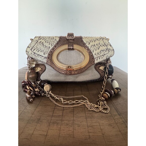 Dolce & Gabbana Handbags - Dolce & Gabbana Y2K Brown Gold Leather & Jute Shoulder Bag Statement Charm Strap